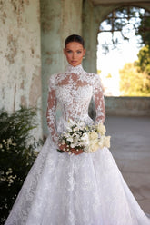 Romantic White A-Line High Neck Long Sleeves Ball Gown Lace Tulle Long Wedding Dresses
